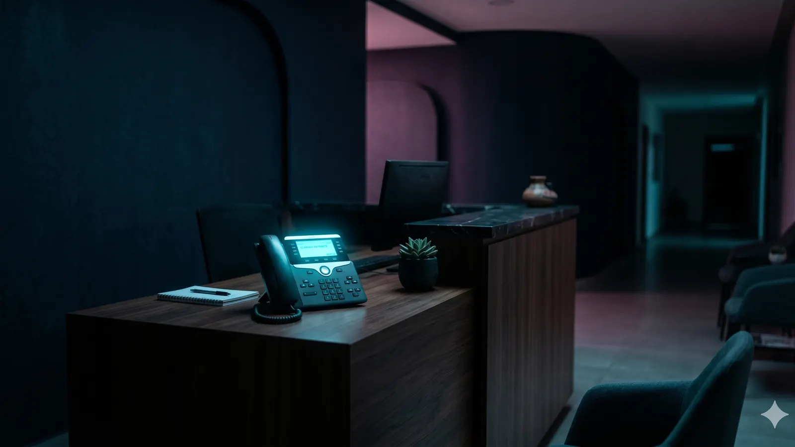 Teléfono que suena sin respuesta en una recepción vacía de noche